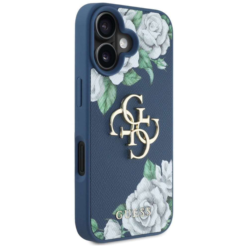 Guess Grained Roses 4G dėklas iPhone 16 – mėlynas