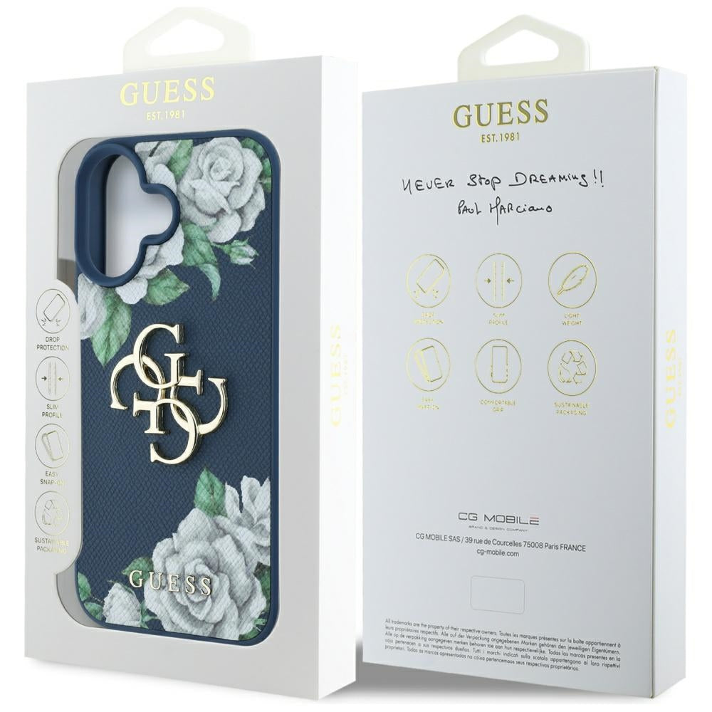 Guess Grained Roses 4G dėklas iPhone 16 – mėlynas