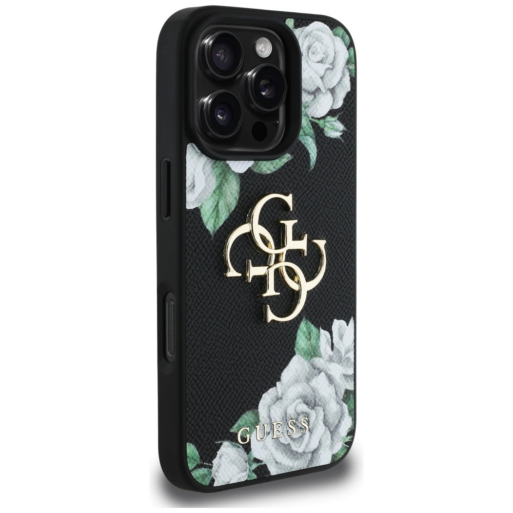 Guess Grained Roses dėklas iPhone 16 Pro – juodas