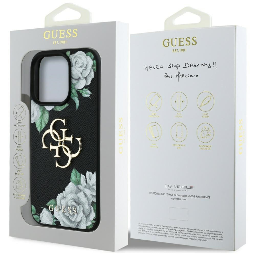 Guess Grained Roses dėklas iPhone 16 Pro – juodas