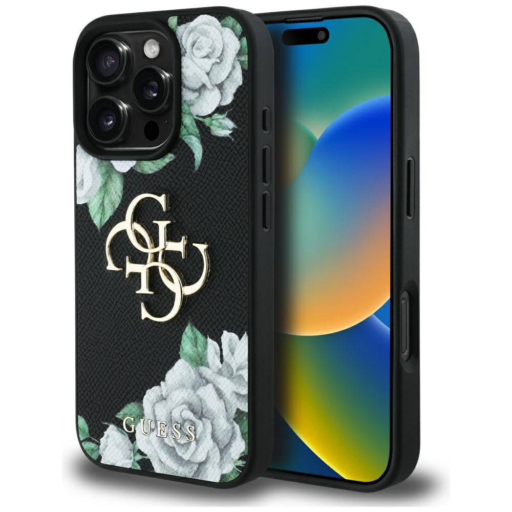 Guess Grained Roses 4G dėklas iPhone 16 Pro Max – juodas