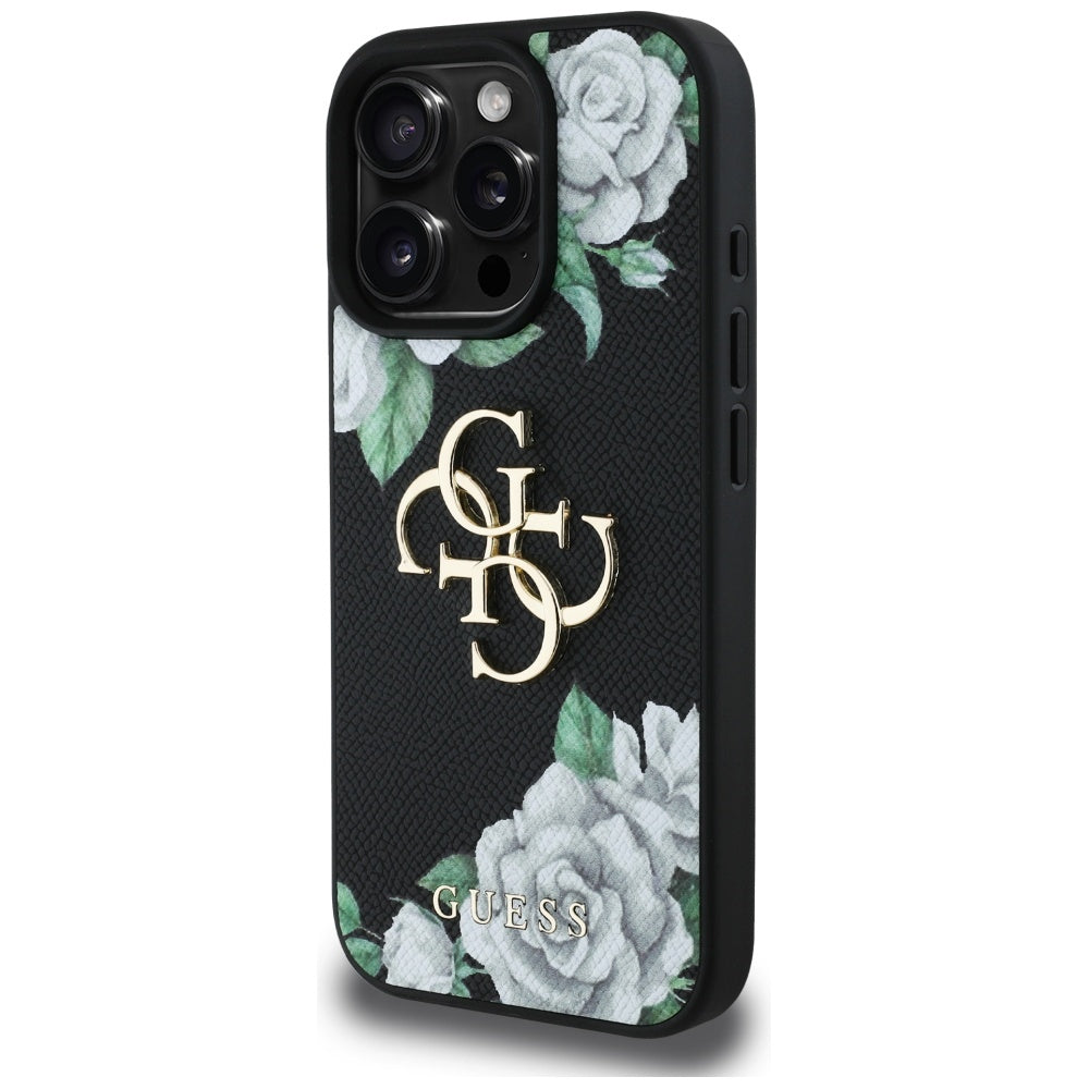 Guess Grained Roses 4G dėklas iPhone 16 Pro Max – juodas