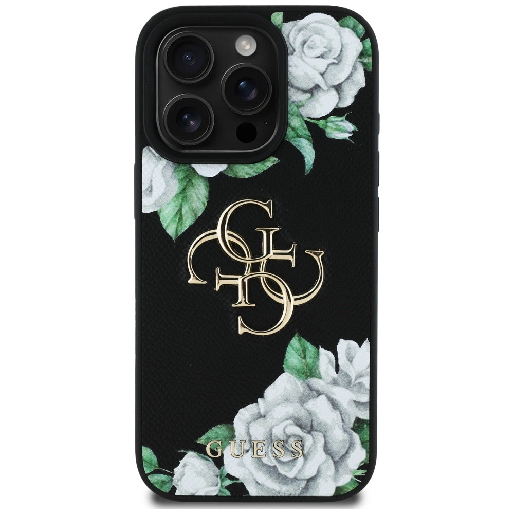 Guess Grained Roses 4G dėklas iPhone 16 Pro Max – juodas