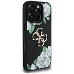Guess Grained Roses 4G dėklas iPhone 16 Pro Max – juodas