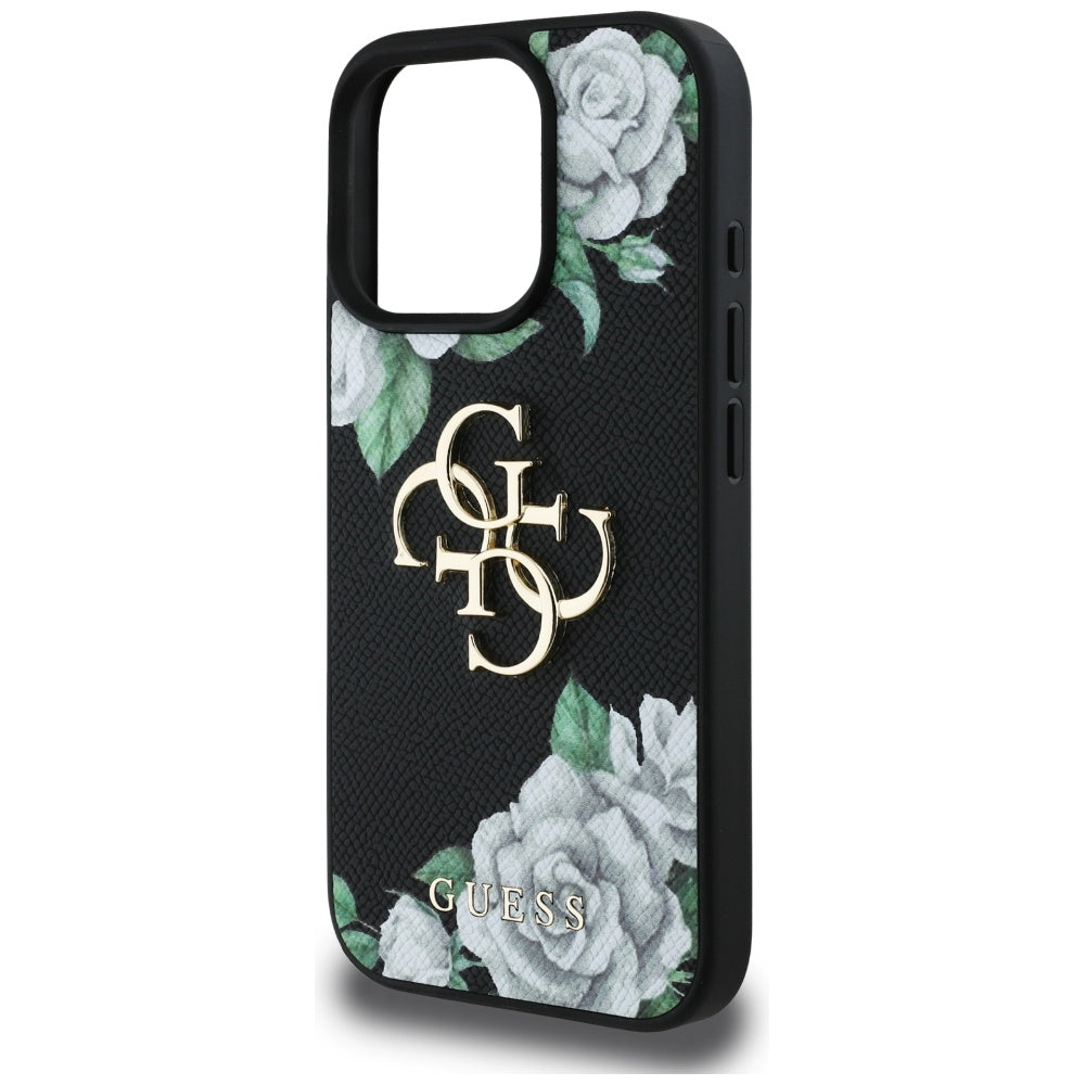 Guess Grained Roses 4G dėklas iPhone 16 Pro Max – juodas