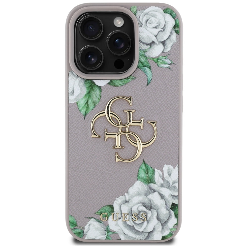 Guess Grained Roses 4G dėklas iPhone 16 Pro Max – violetinis