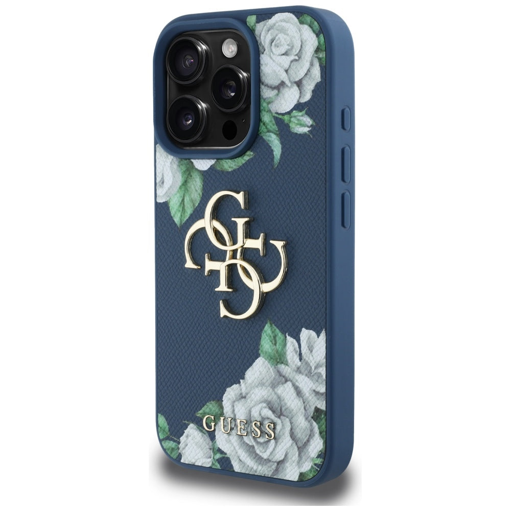Guess Grained Roses 4G dėklas iPhone 16 Pro – mėlynas