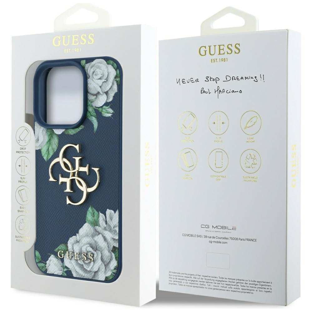 Guess Grained Roses 4G dėklas iPhone 16 Pro – mėlynas