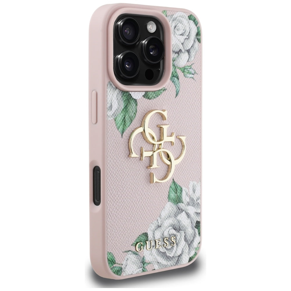 Guess Grained Roses Big 4G logo dėklas iPhone 16 Pro – rožinis