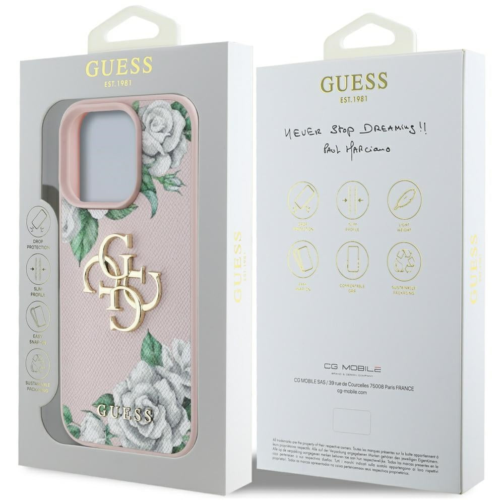 Guess Grained Roses Big 4G logo dėklas iPhone 16 Pro – rožinis