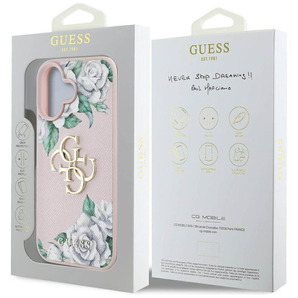 Guess Grained Roses 4G dėklas iPhone 16 – rožinis