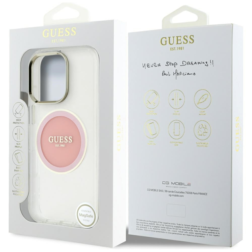 Guess MagSafe dėklas iPhone 16 Pro – rožinis