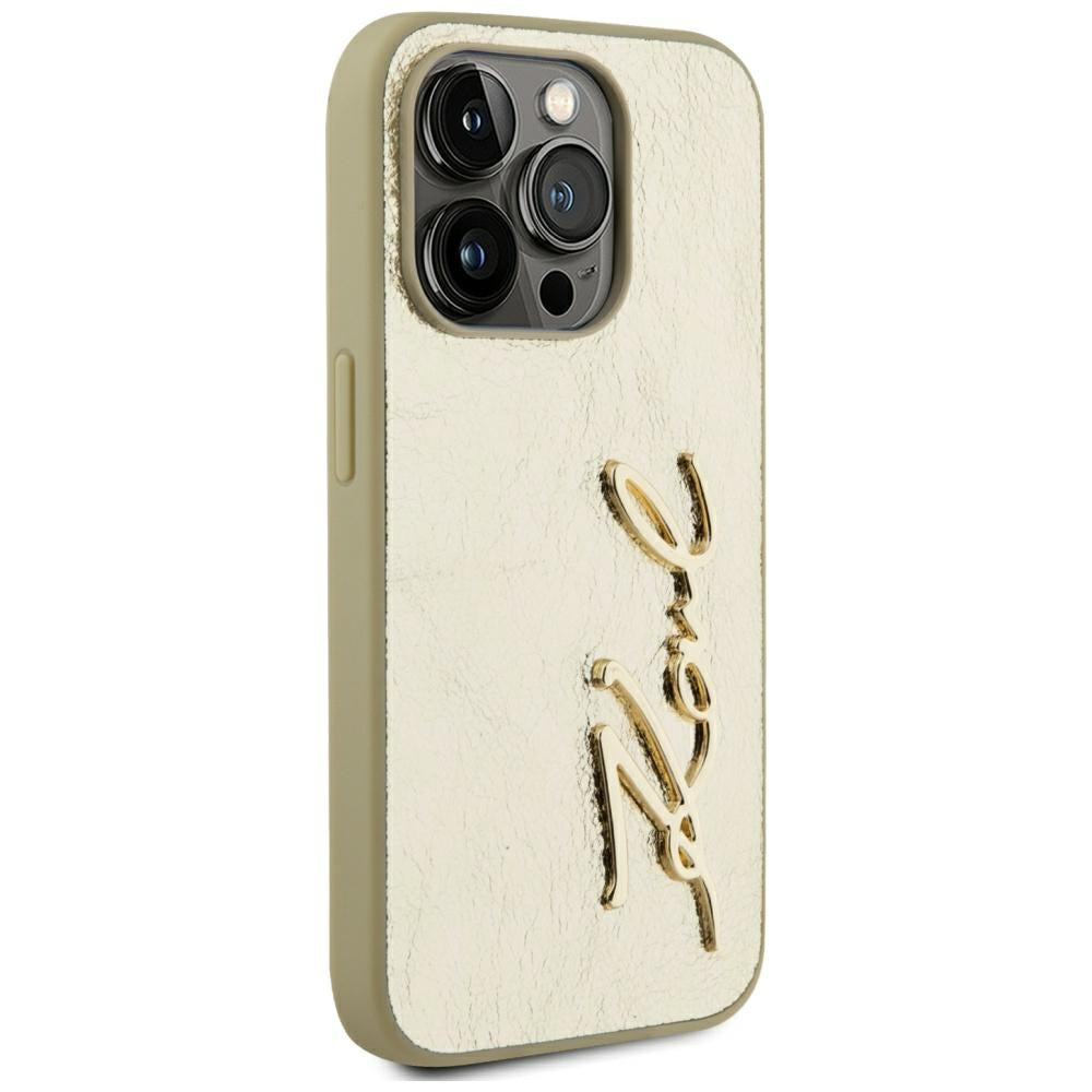Karl Lagerfeld Wrinkled Metal Signature dėklas iPhone 15 Pro – auksinis -- iPhone 15 Pro