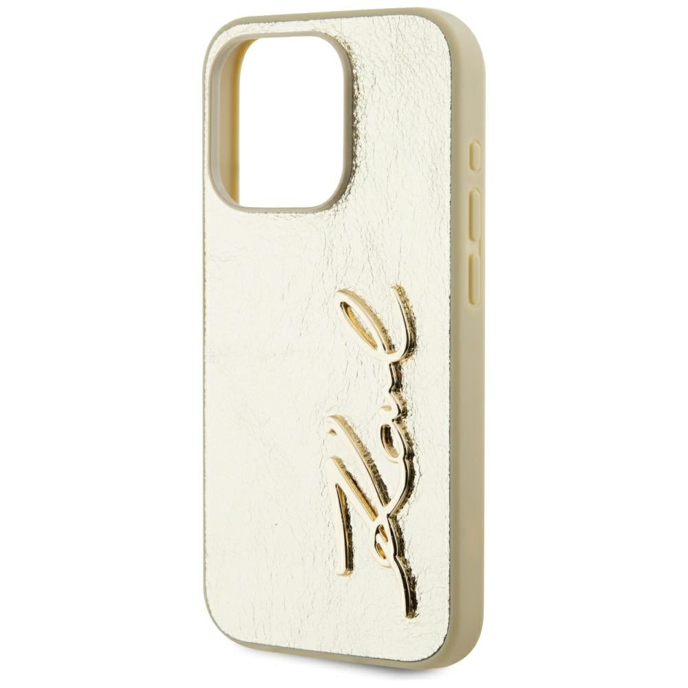 Karl Lagerfeld Wrinkled Metal Signature dėklas iPhone 15 Pro – auksinis -- iPhone 15 Pro