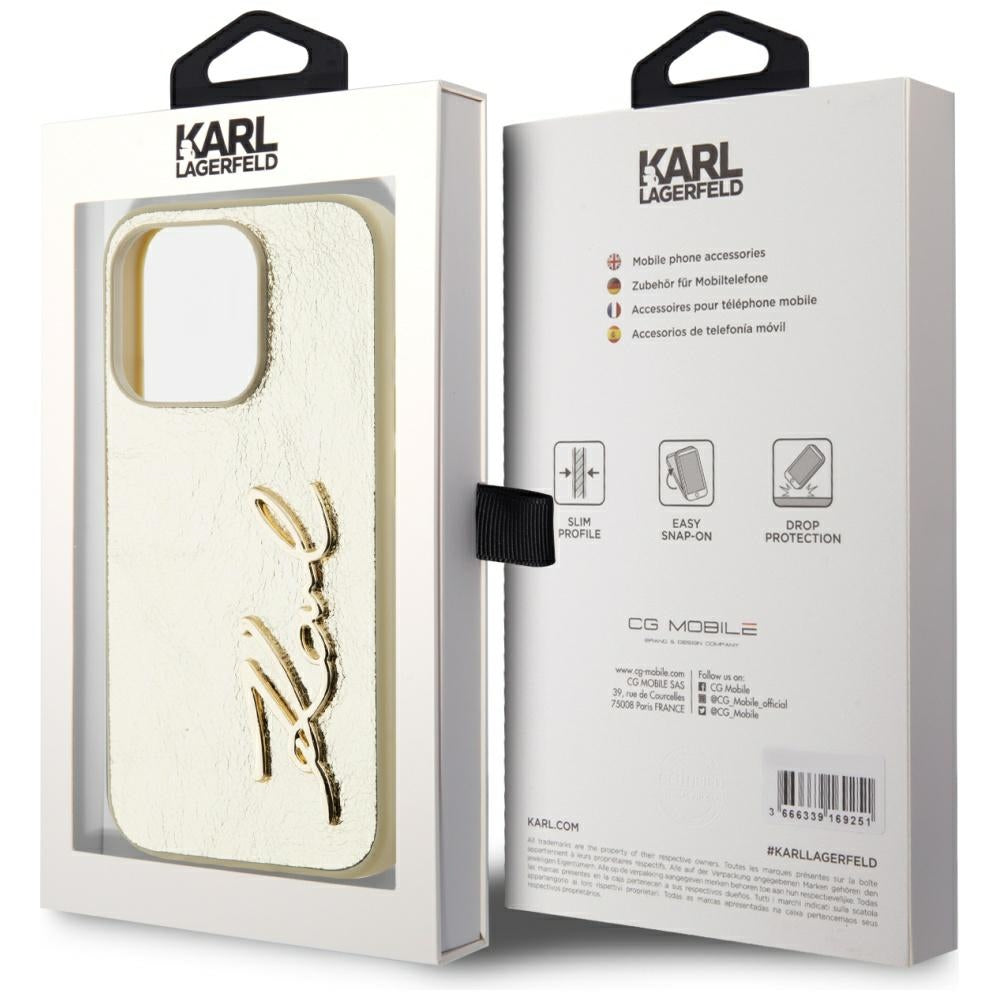 Karl Lagerfeld Wrinkled Metal Signature dėklas iPhone 15 Pro – auksinis -- iPhone 15 Pro