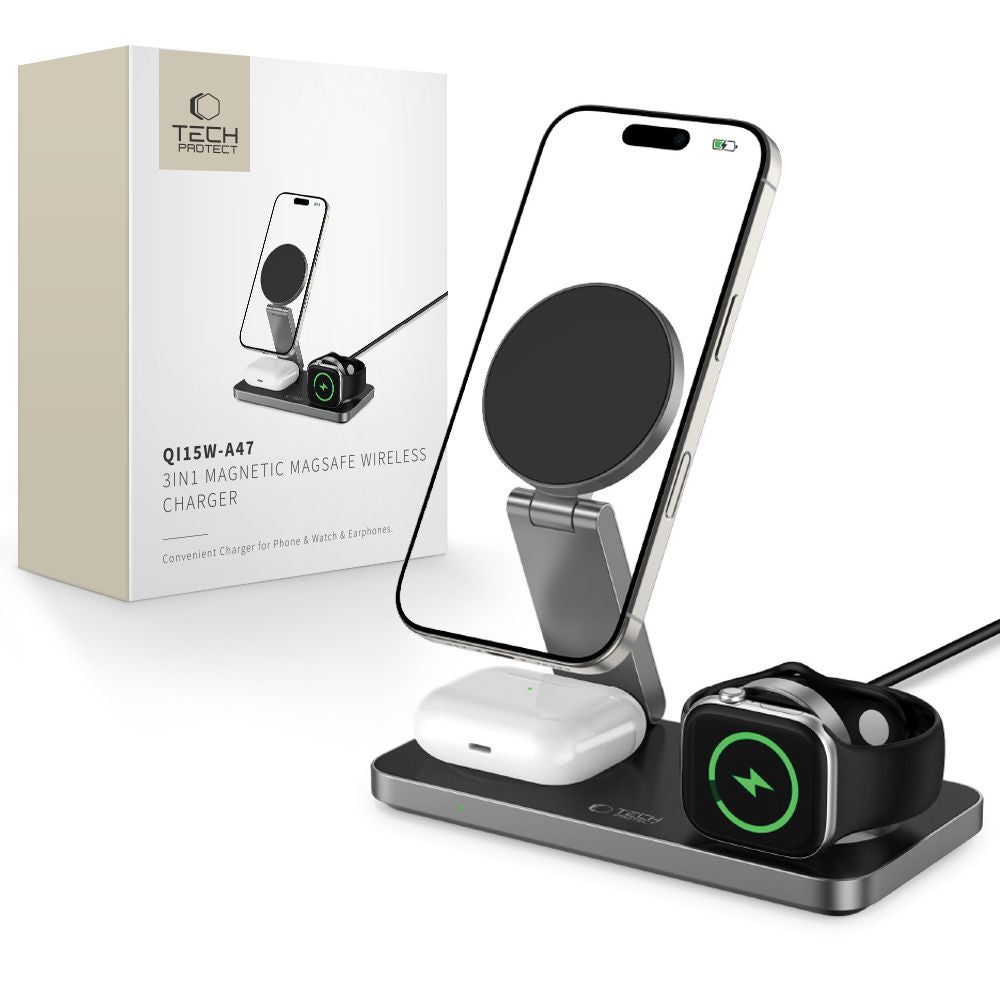 Tech-Protect QI15W-A47 MagSafe 3in1 indukcinis įkroviklis + USB-C laidas - juodas -- Cell phone chargers