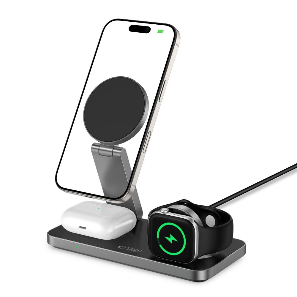 Tech-Protect QI15W-A47 MagSafe 3in1 indukcinis įkroviklis + USB-C laidas - juodas -- Cell phone chargers
