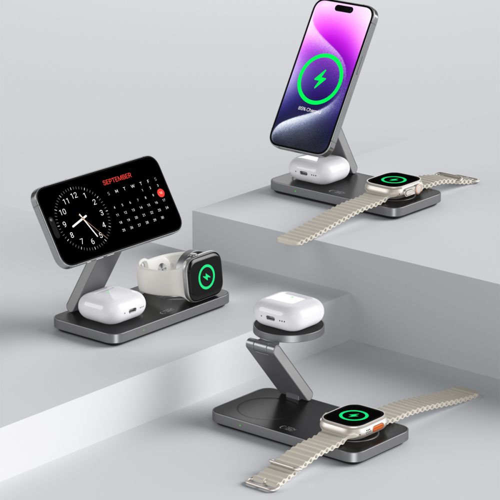 Tech-Protect QI15W-A47 MagSafe 3in1 indukcinis įkroviklis + USB-C laidas - juodas -- Cell phone chargers
