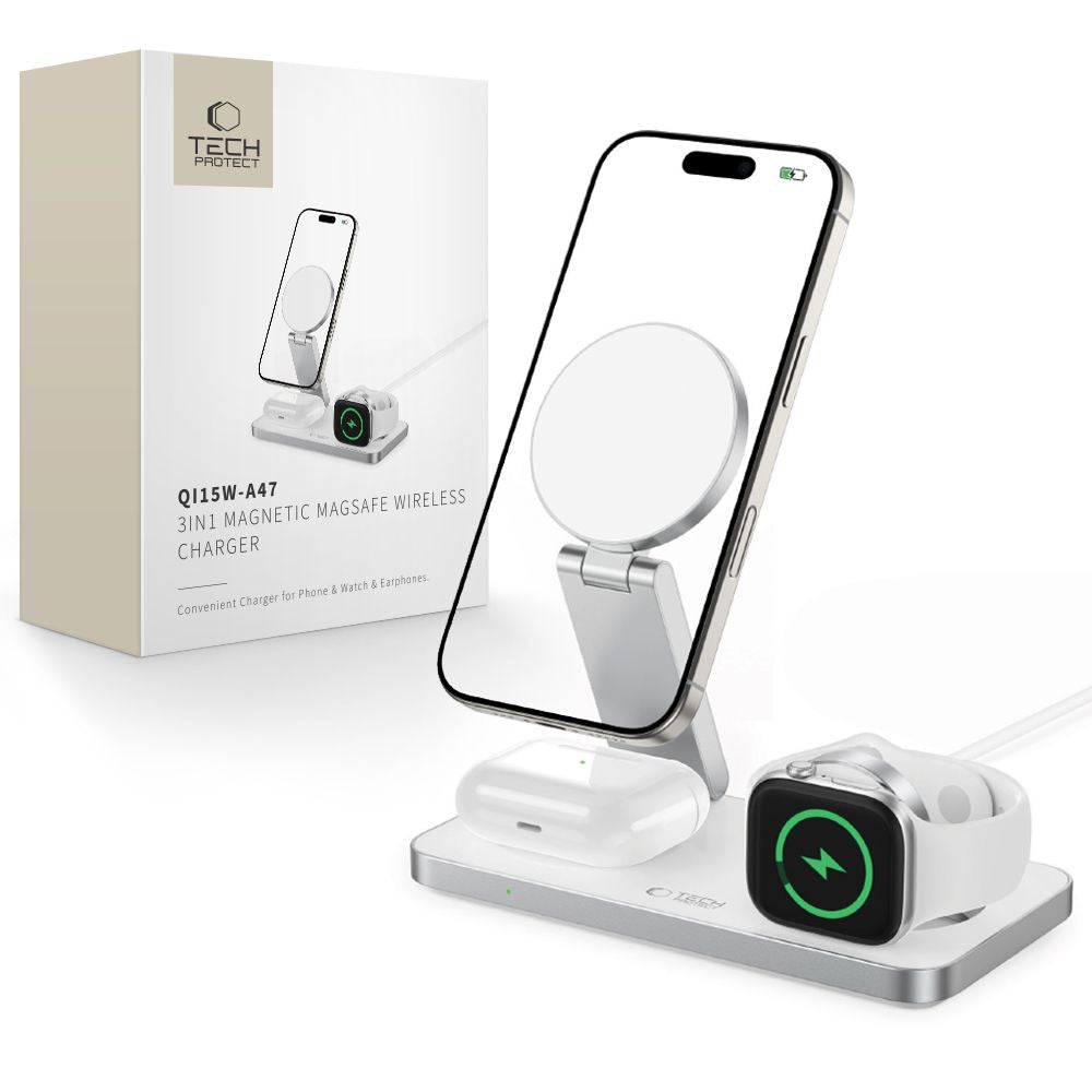 Tech-Protect QI15W-A47 MagSafe 3in1 indukcinis įkroviklis + USB-C laidas - baltas -- Cell phone chargers
