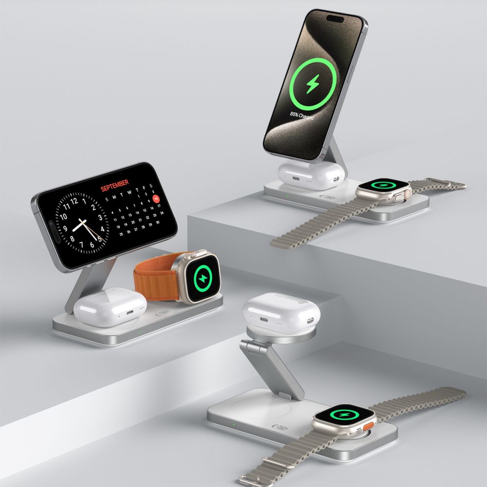 Tech-Protect QI15W-A47 MagSafe 3in1 indukcinis įkroviklis + USB-C laidas - baltas -- Cell phone chargers