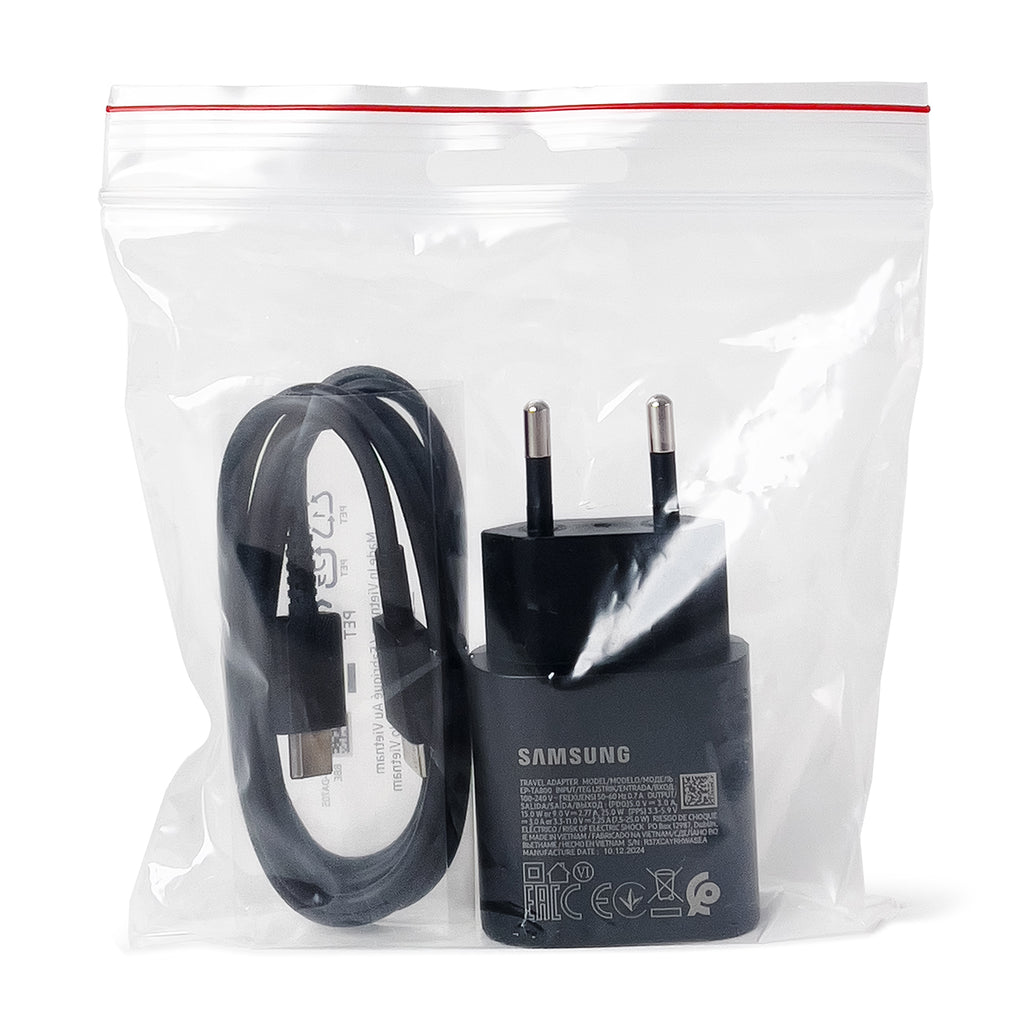 Samsung 25W EP-TA800EBE USB-C sieninis įkroviklis su Samsung EP-DA705BBE USB-C / USB-C laidu (Replacement Pack) - juodas