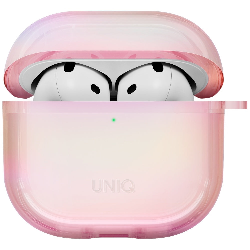 Uniq Iridescia dėklas AirPods 4 su karabinu – rožinis