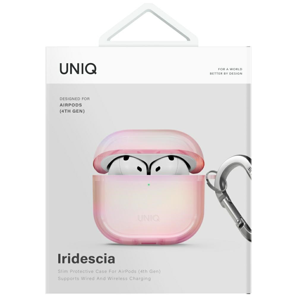 Uniq Iridescia dėklas AirPods 4 su karabinu – rožinis