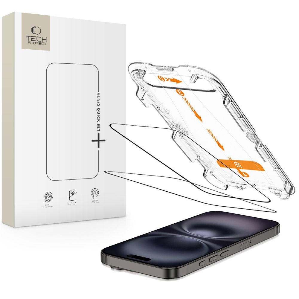 Tech-Protect Quick Set+ grūdintas stiklas iPhone 15/16 (2 vnt.) -- iPhone 15 / iPhone 16