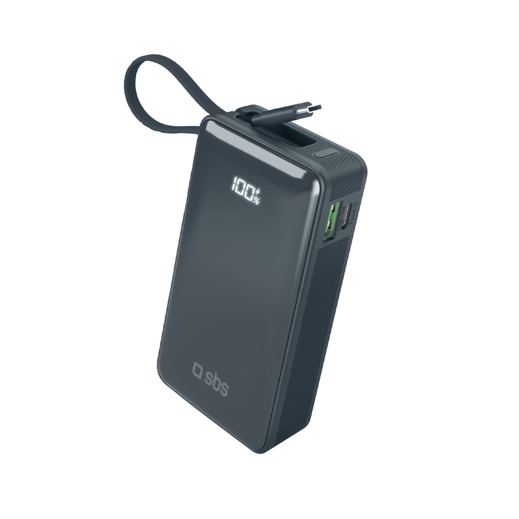 SBS išorinė baterija 10000 mAh 20W su integruotu USB-C laidu ir skaitmeniniu ekranu tamsiai pilka
