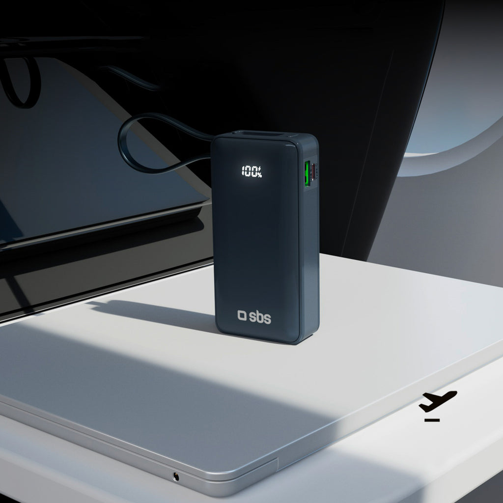 SBS išorinė baterija 10000 mAh 20W su integruotu USB-C laidu ir skaitmeniniu ekranu tamsiai pilka