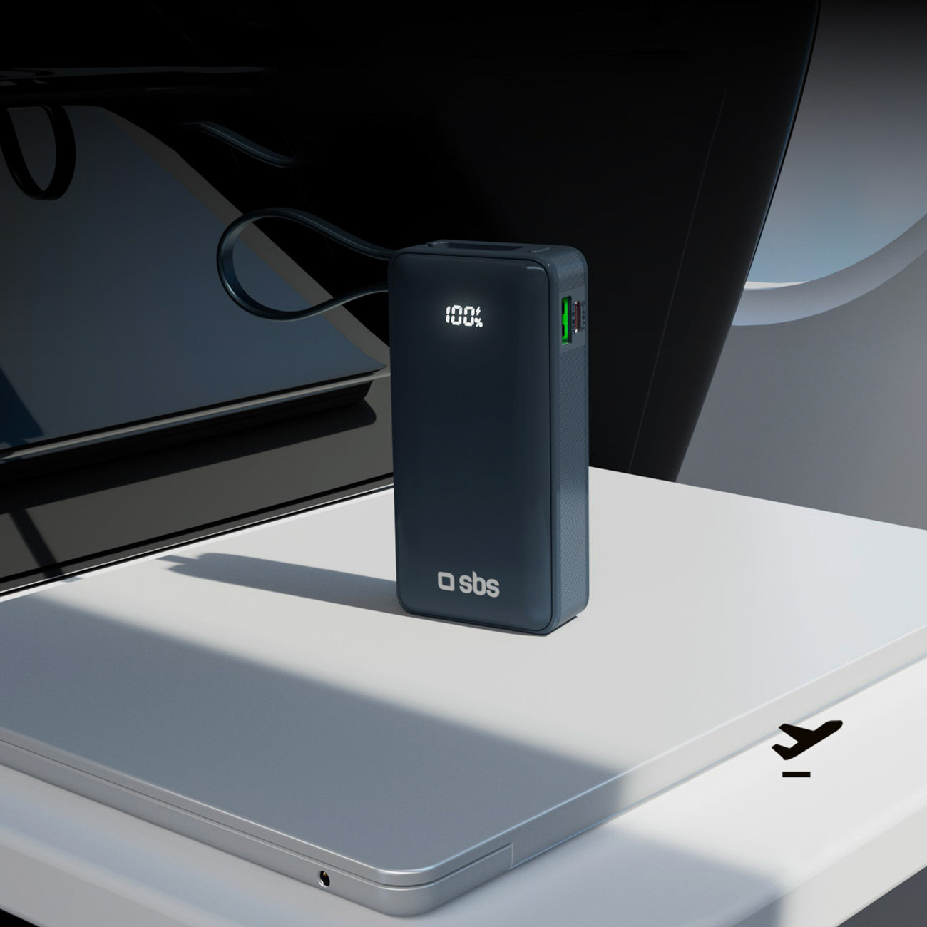 SBS išorinė baterija 10000 mAh 20W su integruotu USB-C laidu ir skaitmeniniu ekranu tamsiai pilka