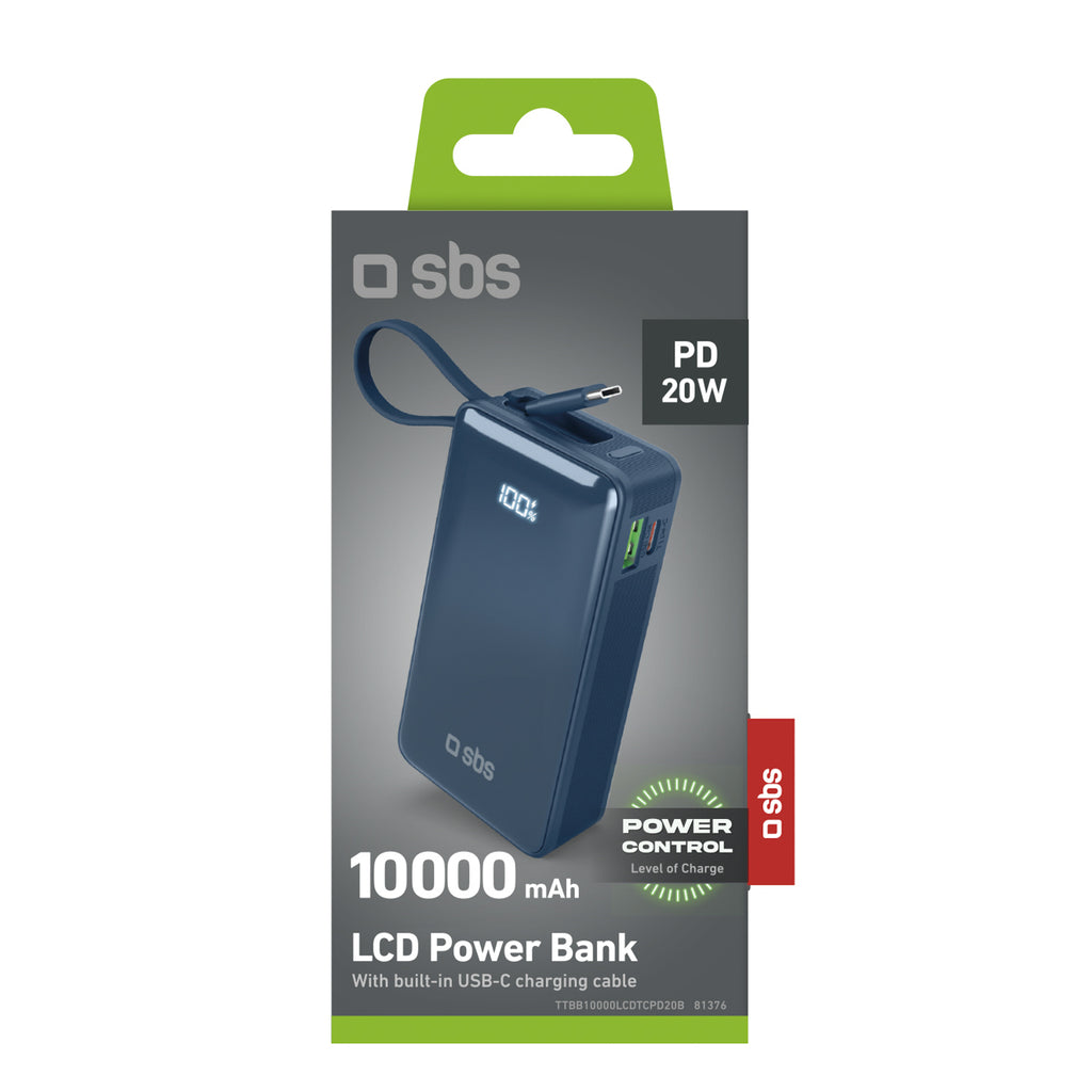 SBS išorinė baterija 10000 mAh 20W su integruotu USB-C laidu ir skaitmeniniu ekranu tamsiai pilka