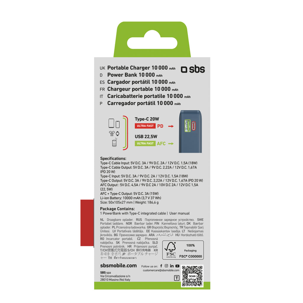 SBS išorinė baterija 10000 mAh 20W su integruotu USB-C laidu ir skaitmeniniu ekranu tamsiai pilka