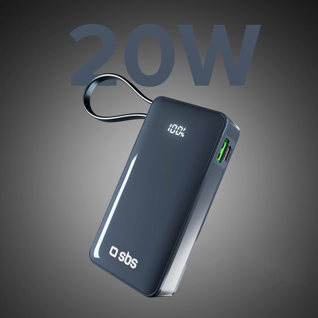 SBS išorinė baterija 10000 mAh 20W su integruotu USB-C laidu ir skaitmeniniu ekranu tamsiai pilka