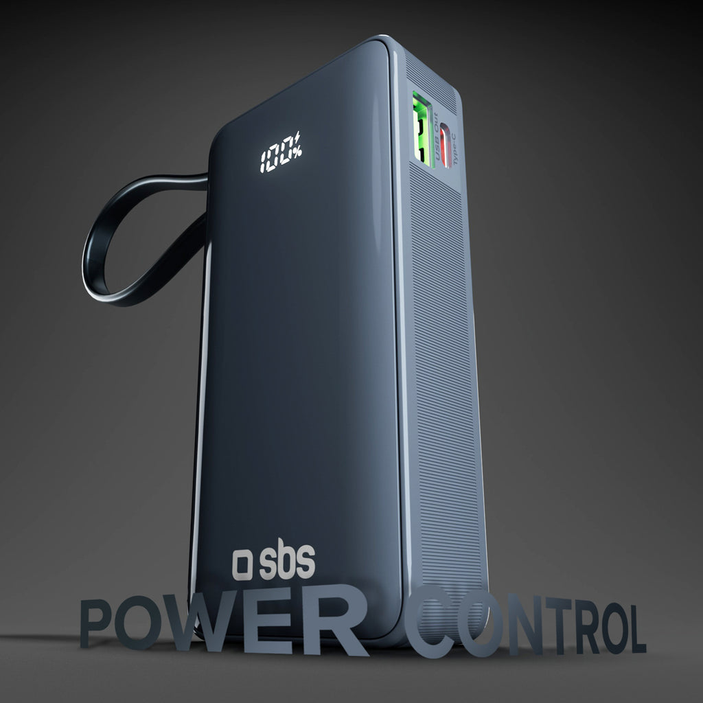 SBS išorinė baterija 10000 mAh 20W su integruotu USB-C laidu ir skaitmeniniu ekranu tamsiai pilka
