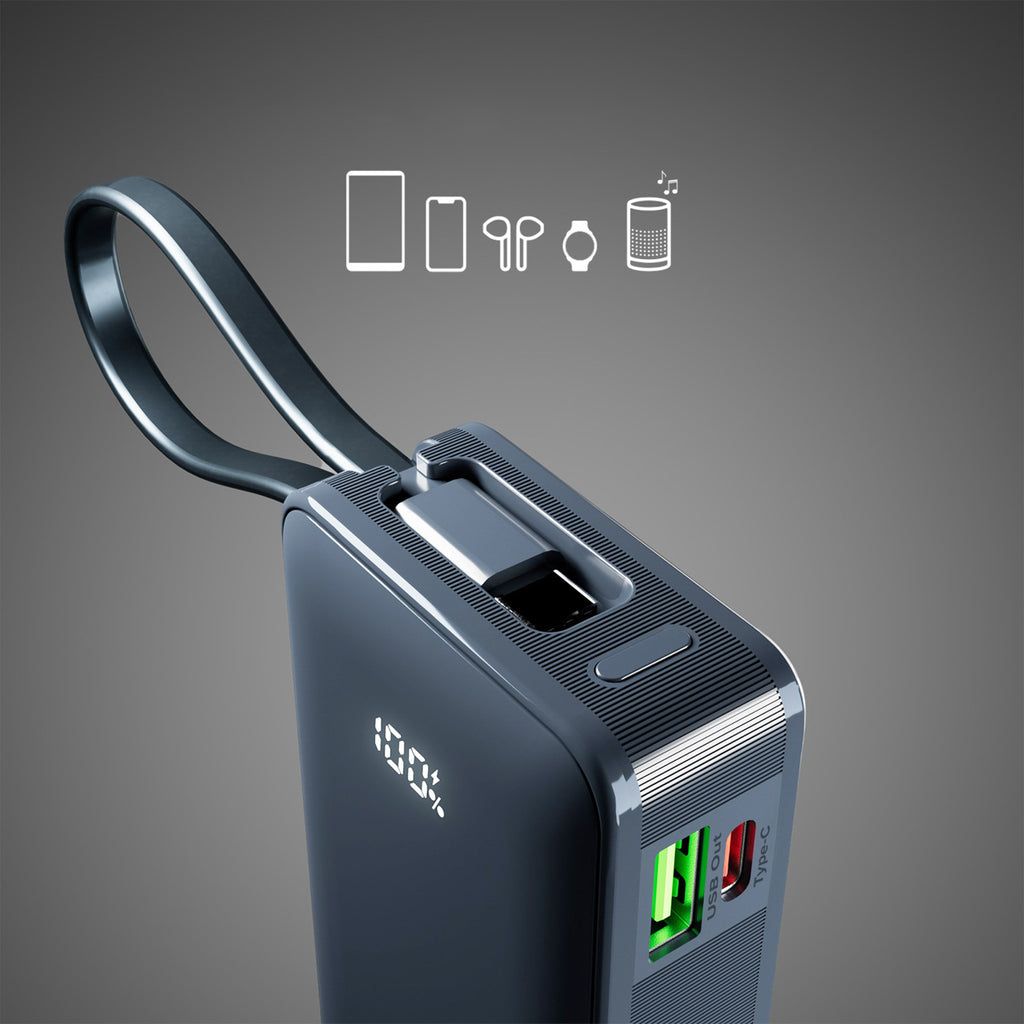 SBS išorinė baterija 10000 mAh 20W su integruotu USB-C laidu ir skaitmeniniu ekranu tamsiai pilka