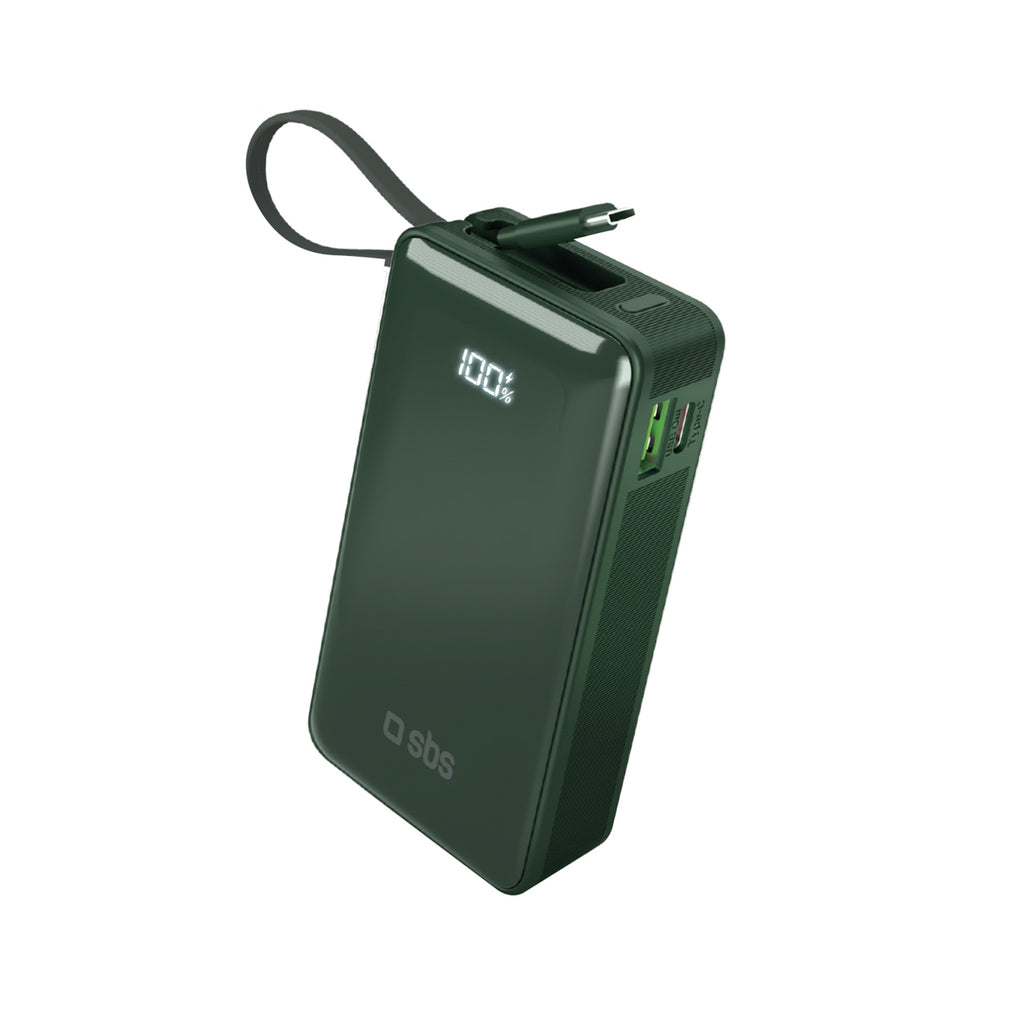 SBS išorinė baterija 10000 mAh 20W su integruotu USB-C laidu ir skaitmeniniu ekranu žalia