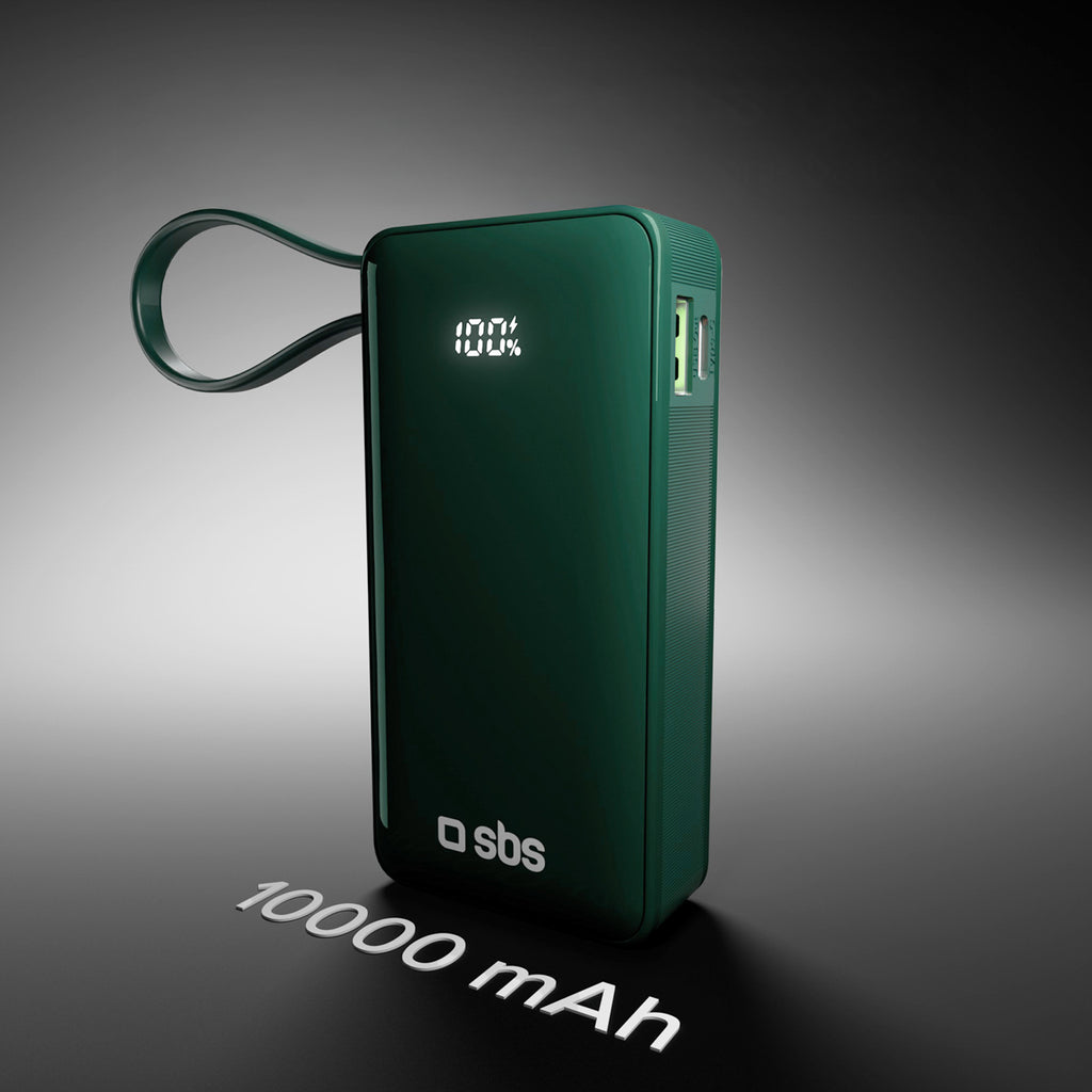 SBS išorinė baterija 10000 mAh 20W su integruotu USB-C laidu ir skaitmeniniu ekranu žalia