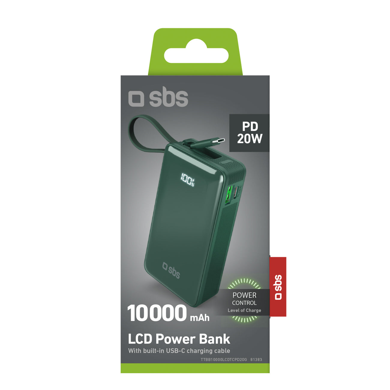 SBS išorinė baterija 10000 mAh 20W su integruotu USB-C laidu ir skaitmeniniu ekranu žalia