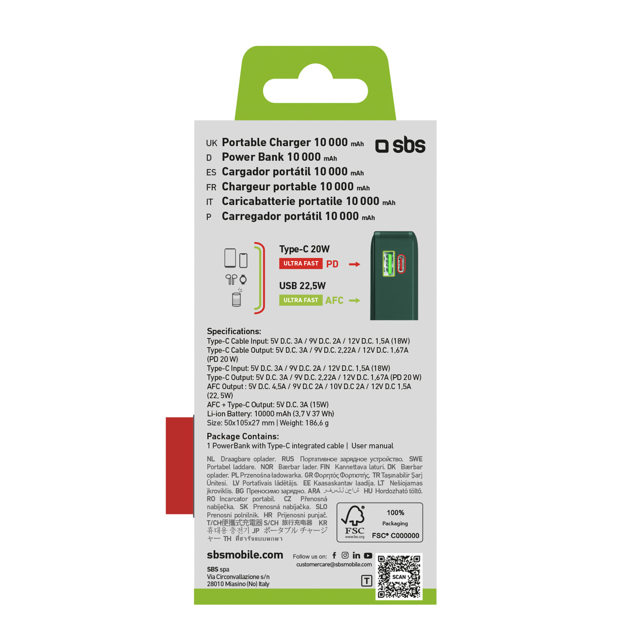 SBS išorinė baterija 10000 mAh 20W su integruotu USB-C laidu ir skaitmeniniu ekranu žalia