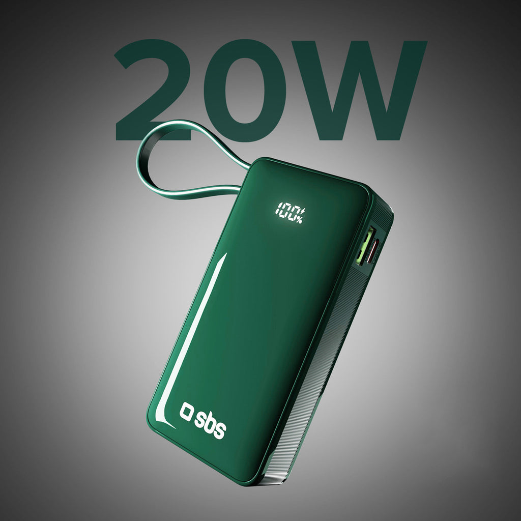SBS išorinė baterija 10000 mAh 20W su integruotu USB-C laidu ir skaitmeniniu ekranu žalia