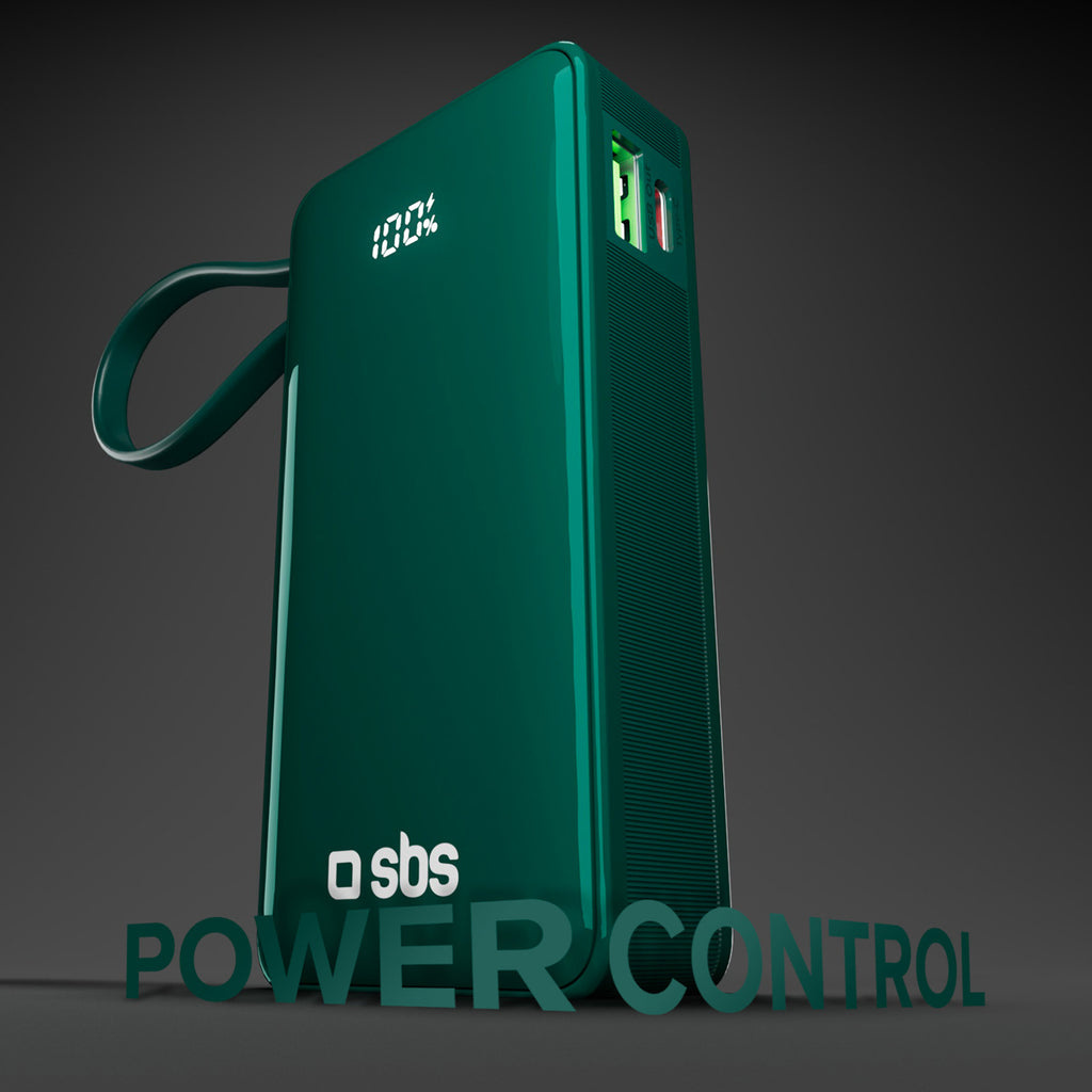 SBS išorinė baterija 10000 mAh 20W su integruotu USB-C laidu ir skaitmeniniu ekranu žalia