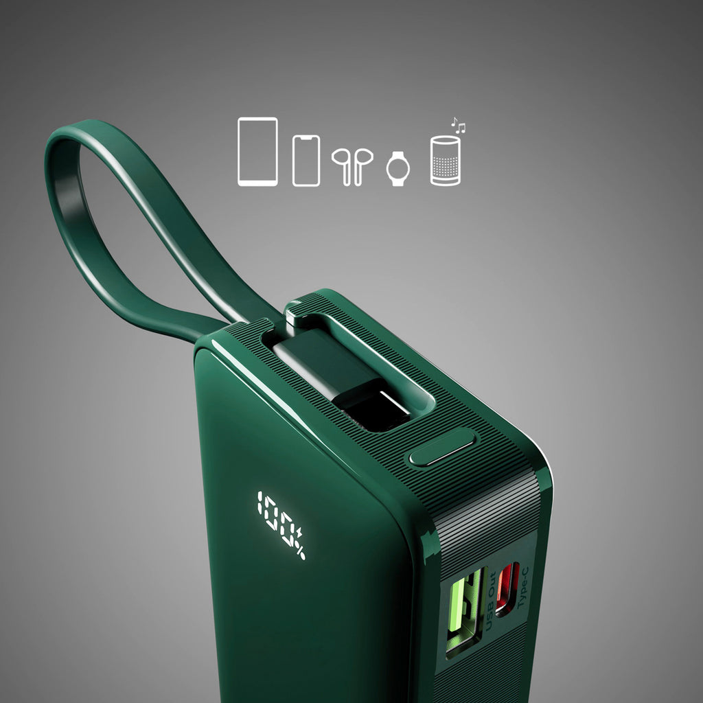 SBS išorinė baterija 10000 mAh 20W su integruotu USB-C laidu ir skaitmeniniu ekranu žalia