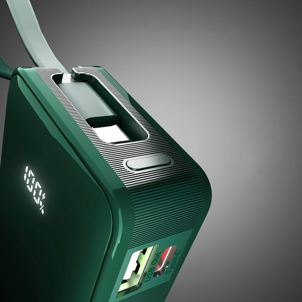 SBS išorinė baterija 10000 mAh 20W su integruotu USB-C laidu ir skaitmeniniu ekranu žalia