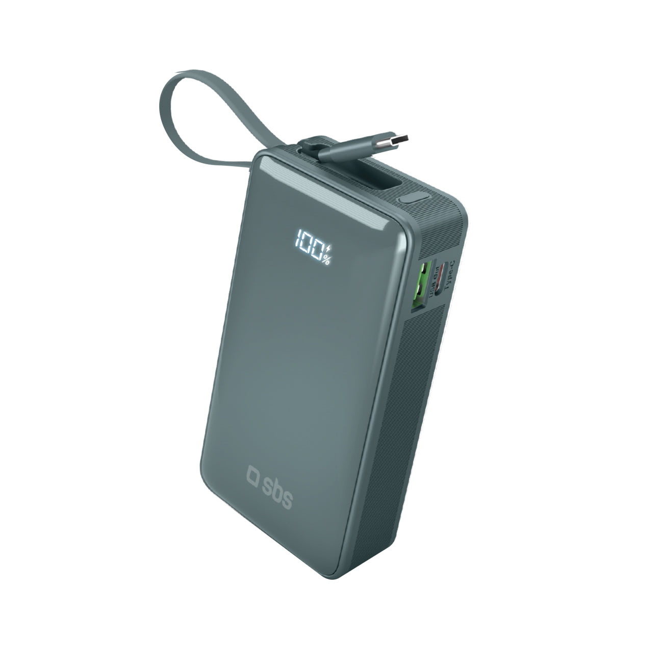 SBS išorinė baterija 10000 mAh 20W su integruotu USB-C laidu ir skaitmeniniu ekranu pilka