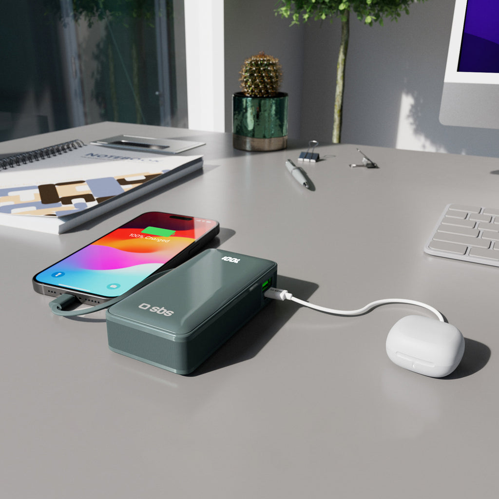 SBS išorinė baterija 10000 mAh 20W su integruotu USB-C laidu ir skaitmeniniu ekranu pilka