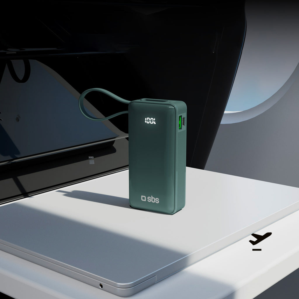 SBS išorinė baterija 10000 mAh 20W su integruotu USB-C laidu ir skaitmeniniu ekranu pilka