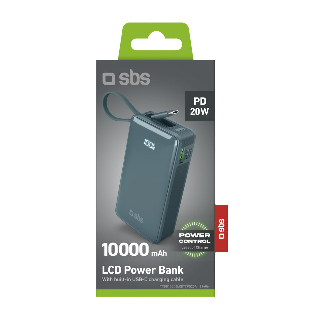 SBS išorinė baterija 10000 mAh 20W su integruotu USB-C laidu ir skaitmeniniu ekranu pilka