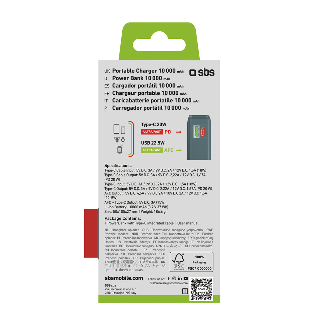 SBS išorinė baterija 10000 mAh 20W su integruotu USB-C laidu ir skaitmeniniu ekranu pilka