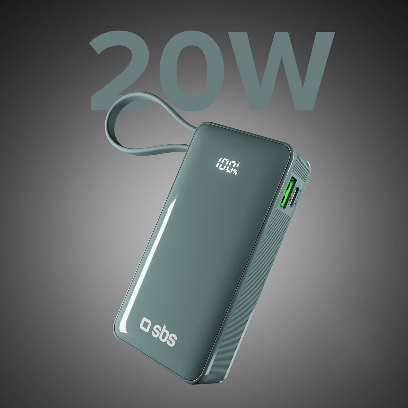 SBS išorinė baterija 10000 mAh 20W su integruotu USB-C laidu ir skaitmeniniu ekranu pilka